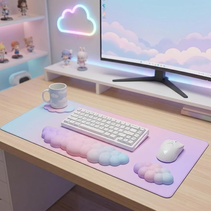 Cloud Mouse Pad Keyboard Wrist Rest 4PCS Extended Large Pink Sky Desk Mat Pad Set Memory Foam Non-Slip Cute Ergonomic Gaming Mouse Pad Wrist Support for Computer Laptop Home Office Pink Purple - Image 7