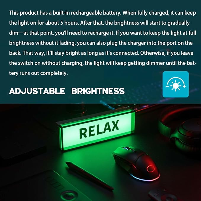 LED Light Box Sign for Desk Setup, CNC Aluminum Ambient Desk Light, Rechargeable 1000mAh Battery, USB-C, Warm Glow Decor for Gaming Room, Home Office, Shelf - Image 9