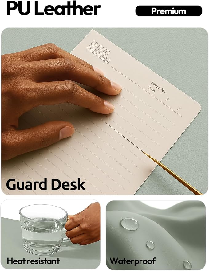 YSAGi Leather Desk Protector, Office Mat, Large Mouse Mat, Non-Slip PU Leather Blotter, Laptop Pad, Waterproof Writing Pad for Office and Home (Grayish Green, 31.5" x 15.8") - Image 3