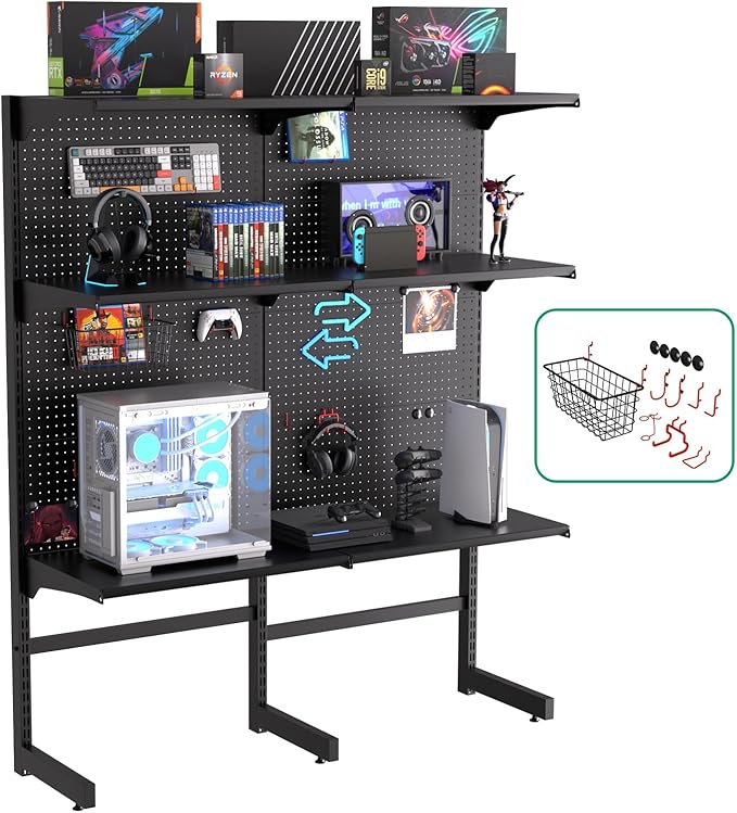 JWX Freestanding Gaming Pegboard Shelf, 300 lb Capacity, 57.5 x 74 in | Powder-coated metal with 8 modular panels, 15 accessories, 70 lb per shelf and 300 lb total capacity by JWX