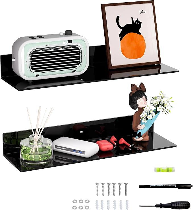 Sezanrpt 20 Inches Acrylic Wall Shelves 2 Pack, Floating Shelf for Wall Mounting, Acrylic Display Ledges for Funko Pop Figures, Home Décor, Living Room, Gaming Room, Plants(20 inch, Black) by Sezanrpt