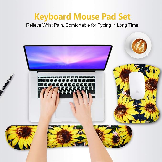 ToLuLu Keyboard Mouse Pad Wrist Rest Set, Gel Ergonomic Mouse Pads for Computer Laptop Office Home, Comfortable Mousepad Keyboard Wrist Support Memory Foam for Easy Typing Pain Relief, Nice Sunflower - Image 2
