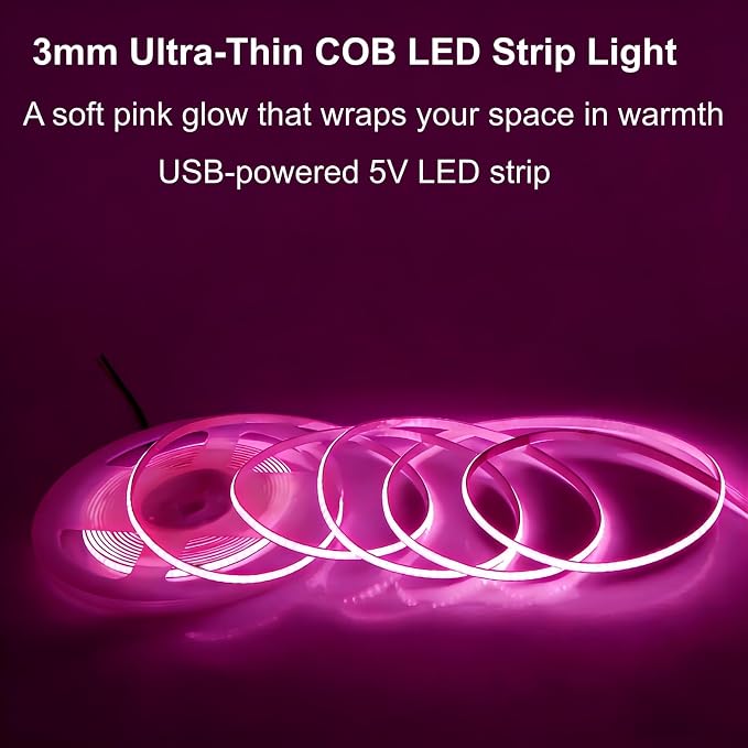 Ultra-Narrow 3mm USB COB LED Strip Lights Self-Adhesive, for Kitchen Cabinets, Bedroom, Gaming Desk (Pink, 6ft) - Image 3