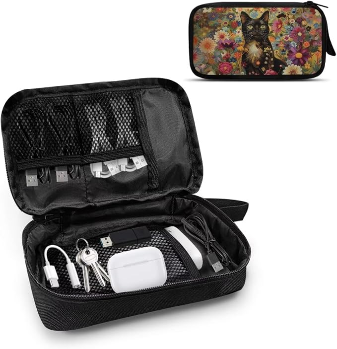 Black Cat Cable Organizer Bag Tech Pouch Portable Electronics Organizer Travel Case for Phone Power Bank SD Card Electronic Accessories Carry Case - Image 2