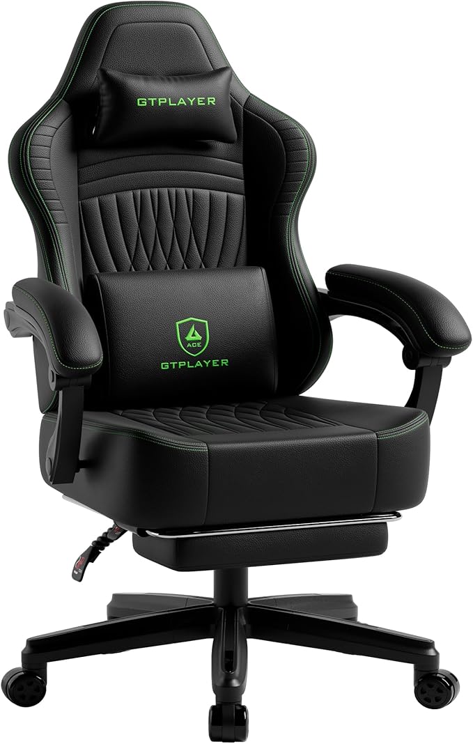 GTPLAYER Gaming Chair, Video Game Chairs with Footrest, PC Gamer Chairs for Adults - Padded High Back Ergonomic Reclining Silla Gamer, Linkage Armrest, Ace Pro, Black Green by GTPLAYER