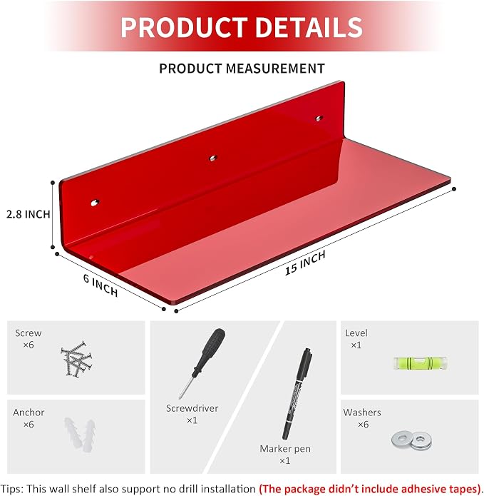Sezanrpt 15 Inches Red Acrylic Shelves, Wall Mounted Shelves for Bedroom, Wall Display Shelves for Collectibles, Funko Pop, Speaker, Plants, 2 Pack - Image 2