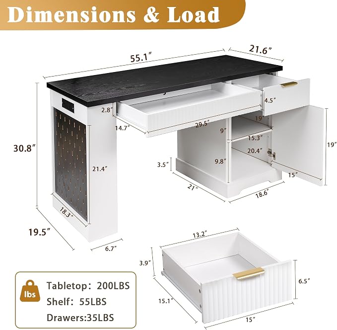 55" Fluted Gaming Desk Pegboard Cabinet Drawers Outlet, White | Home Office | Bedroom Living Room Teen Desk | Nail Tech Manicure | Vanity Hutch | Bookcase Corner - Image 2