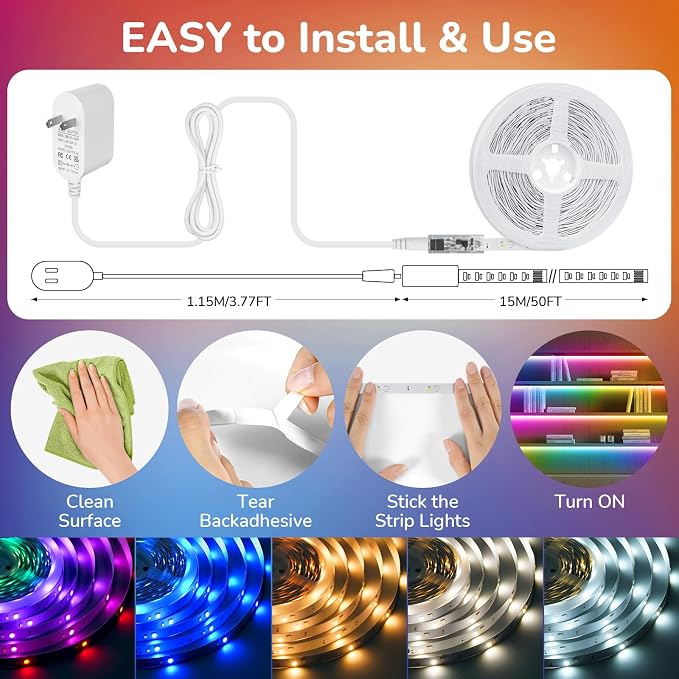 50Ft RGBWW+IC LED Strip Lights, Multi-Colored+3000K-6500K with Remote - Image 3