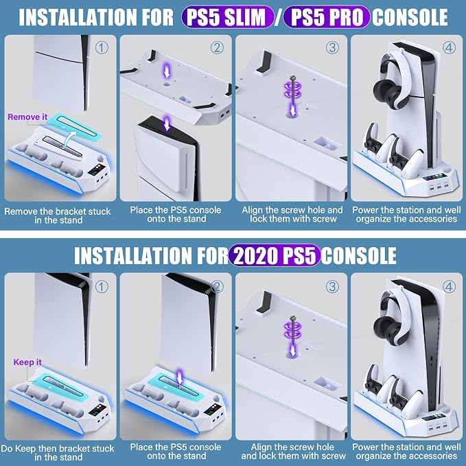 Slim Cooling Station Stand LED with Dual Controller Charging Station for PlayStation 5 Console, PS 5 Accessories Incl. Controller Charger, Cooling Fan, Headset Holder, 3 USB Hub- LED White - Image 7