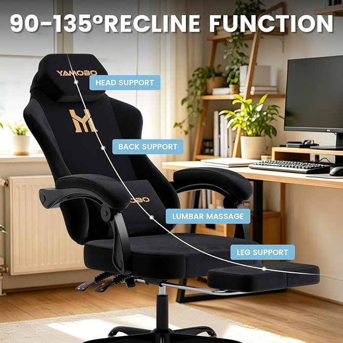 Gaming Chair with Footrest, Game Chair with Lumbar and Headrest Massage Support for Adults, Ergonomic Fabric High Back Computer Desk Gamer Chair with 360°Swivel Wheels for Office, Black - Image 4