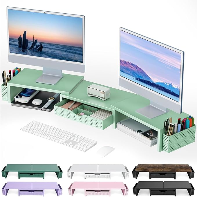 gianotter Dual Monitor Stand Riser With Drawer and 2 Pen Holders | Desk Organizer and Accessories Computer Monitor Stand, Desk Shelf for Top of Desk (Sage Green) by gianotter