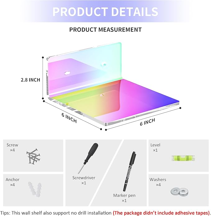 Sezanrpt 6 Inches Iridescent Acrylic Wall Shelves Set of 2, Wall Mounted Storage Display Shelves for Bedroom, Gaming Room, Living Room, Bathroom, Dining Room, Office, 2 Pack - Image 2