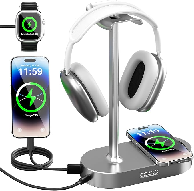 cozoo 15W Wireless Charging Headphone Stand with USB & Type-C Ports, Desktop Gaming Headset Holder, Cool Gaming Accessories & Tech Gifts for Men Teen Boys,Gamer Gifts, for Boyfriend and Teens by COZOO