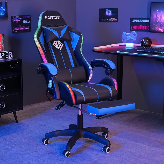 RGB Gaming Chair with LED Lights Massage Ergonomic Computer Chairs-Blue | High Back Video Game Chair with Footrest & Adjustable Lumbar Support Gamer Chairs for Adults Racing Style Recline - Image 2