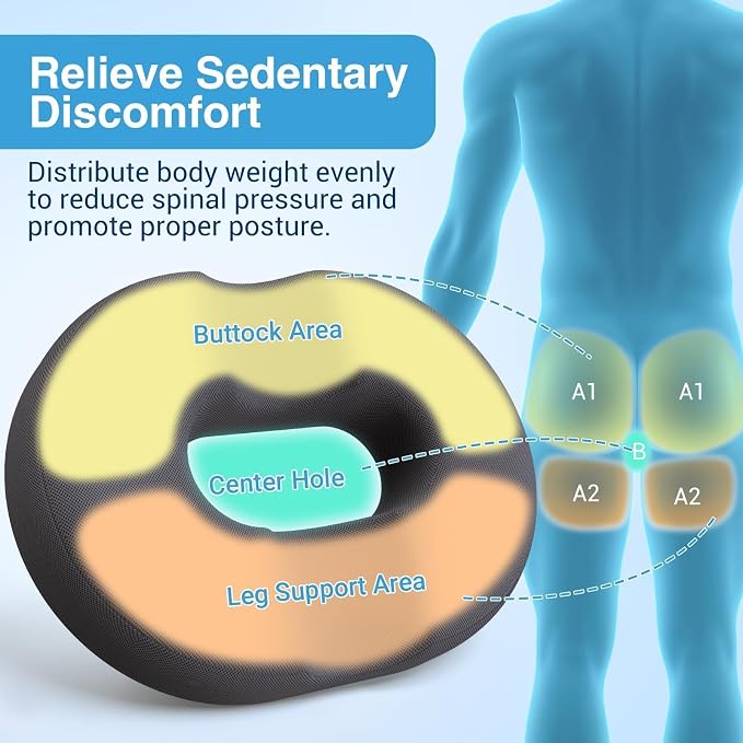 Donut Pillow Seat Cushion, Office Chair Cushion, Gray, Large | Ergonomic Design, Breathable Cover, for Tailbone Pain, Hemorrhoids & Long Sitting Hours, for Home & Office - Image 2