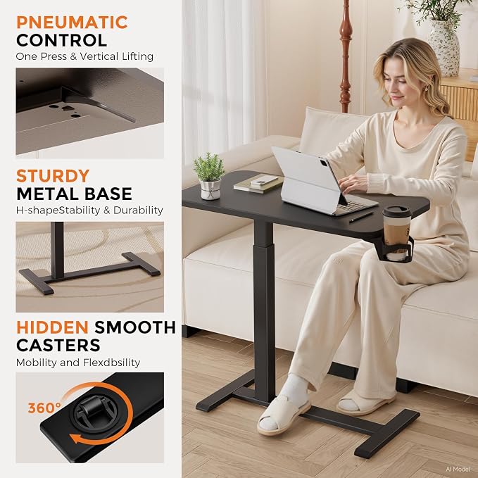 GTPLAYER Small Standing Desk with Hidden Wheels, Pneumatic Mobile Rolling Laptop Desk, Adjustable Height Overbed Bedside Table Computer Workstation for Home Office (28" W x 16" D, Black) - Image 6