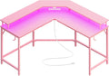 Huuger L Shaped Gaming Desk with Power Outlets & LED Lights, Computer Desk with Monitor Shelves, Carbon Fiber Surface, Home Office Desk, Corner Gaming Desk with Hooks, Carbon Fiber Pink by Huuger