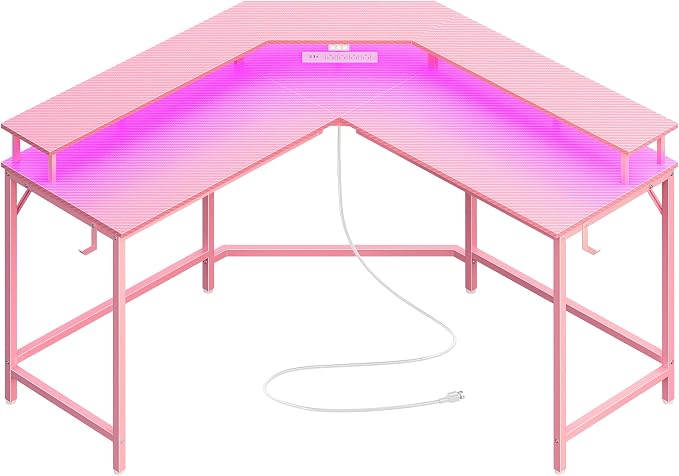 Huuger L Shaped Gaming Desk with Power Outlets & LED Lights, Computer Desk with Monitor Shelves, Carbon Fiber Surface, Home Office Desk, Corner Gaming Desk with Hooks, Carbon Fiber Pink by Huuger