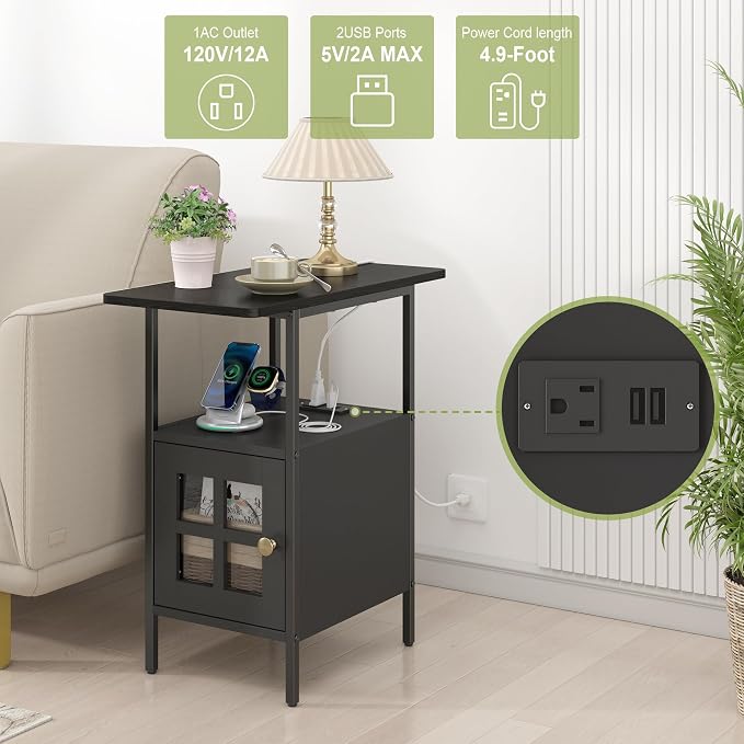 Narrow Side Table with Charging Station 3-Tier End Table with USB & Outlets - Image 5