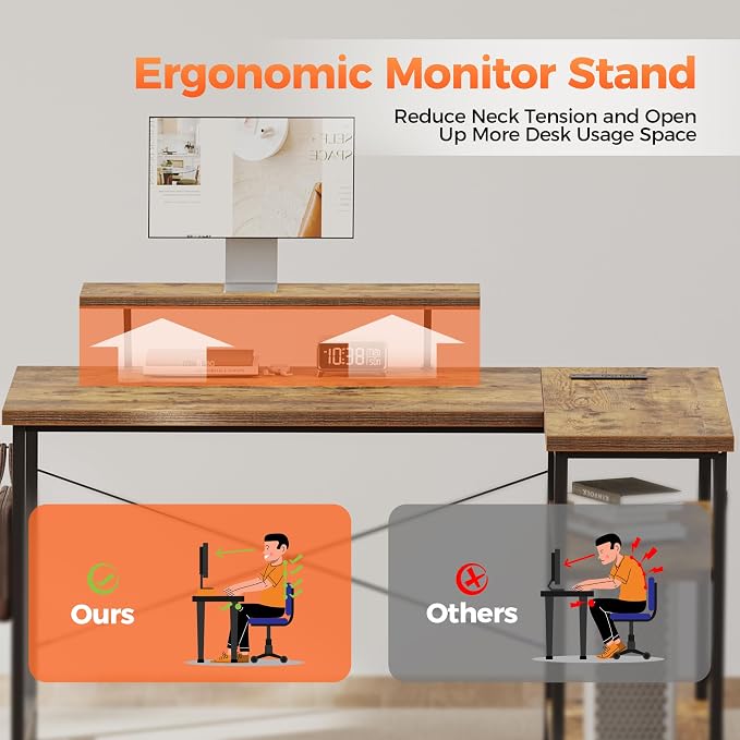 Mericonia 55 in L Shaped Gaming Desk, Large Corner Desk with Monitor Stand | Reversible Computer Desk with Power Outlets, LED Light & Storage Shelves, Office Table for Home Bedroom Study Work Writing - Image 4