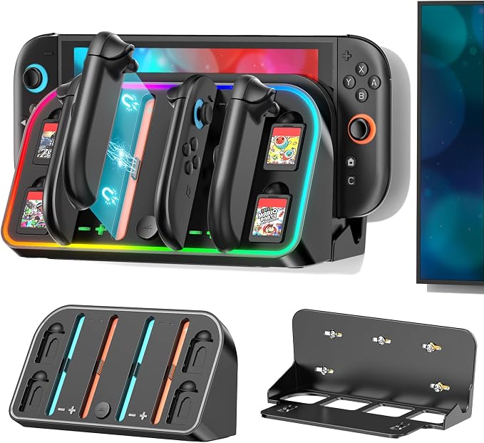 Switch 2 Wall Mount Charging Dock for 2025 Joycon 2, Wall Mount Kit Shelf for Nintendo Switch 2 Accessories, RGB Charger Dock Station with 4 Game Storage Holder for Nintendo Game Console Holder Stand by KOSKER