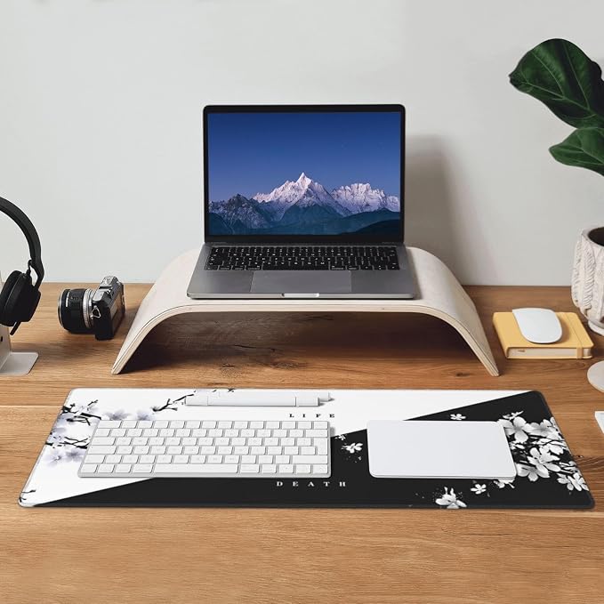 Japanese Life Death Keyboard Mat, Black White Japanese Anime Gaming Mouse Pad for Desk with Anti-Slip Rubber Base and Stitched Edges, Japanese Sakura Pagoda Sun Mouse Pad - Image 7