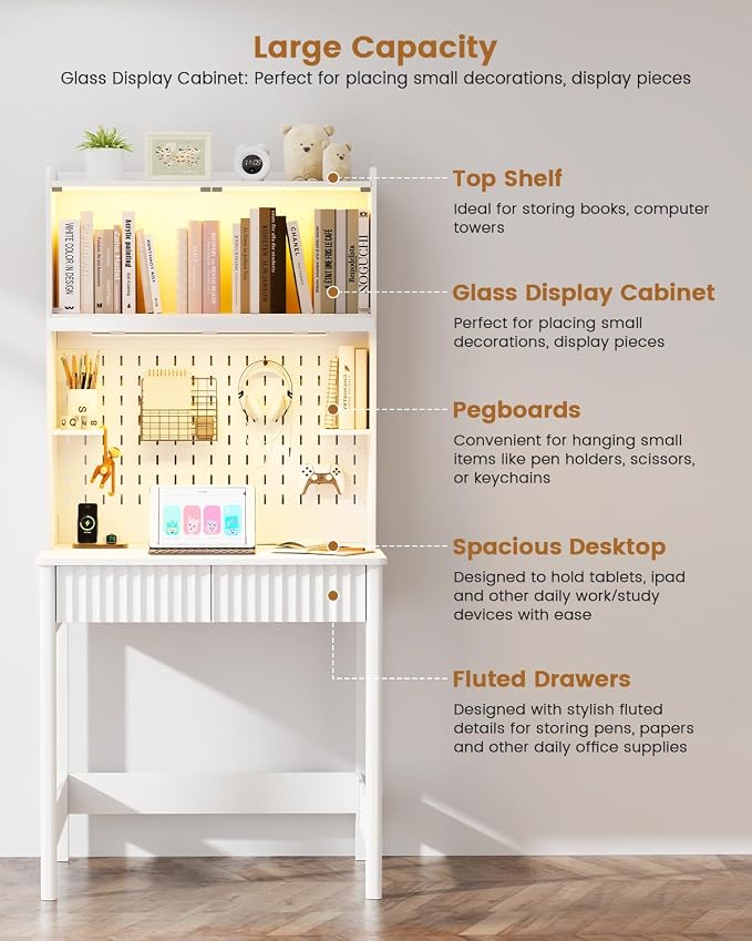 HNEBC White Computer Desk - with Power Outlets & Chariging Station,Small Writing Desk with Hutch and Drawers,66.3''H Office Desk with Pull-Out LED Lights,Pop-up Glass Door,Pegboards,Bedroom - Image 5