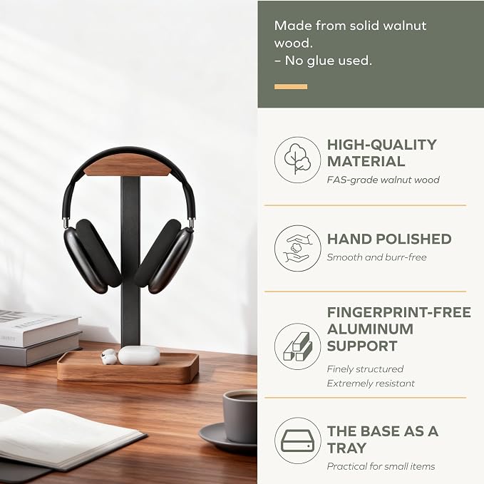 muso wood Walnut Headphone Stand, Wood Headset Stand with Storage Base | Desk Holder for Gaming & Office, Compatible with AirPods Max, Bose, Razer Headsets - Image 4