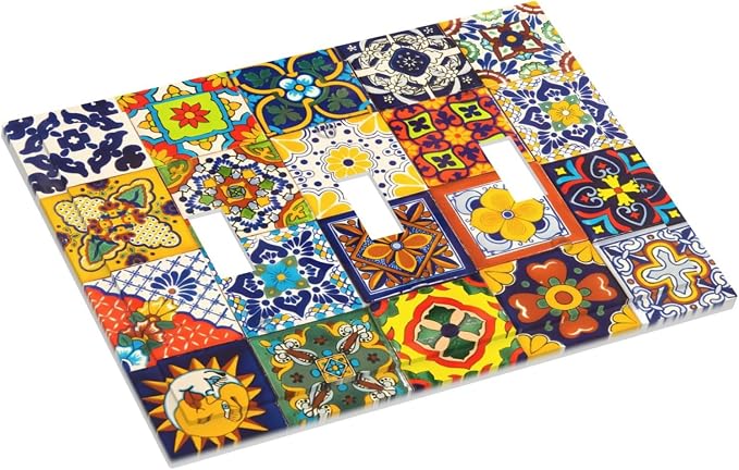 Decorative Light Switch Cover Plate Vintage Traditional Colorful Mexican Talavera Tiles Style 3 Gang Wall Plate Triple Toggle Switch Plate Covers 3 Hole Electrical Switchplate Dimmer Faceplate - Image 3