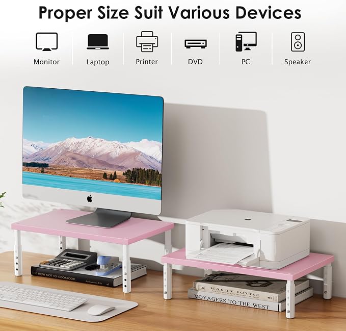 ECOLOVI Adjustable Wood Computer Monitor Stand Riser, Office Desk Organizer and Accessories for Monitor, Laptop, PC, Printer, Office Desk Accessories Workspace Organizer for Home Office Supplies, Pink - Image 7