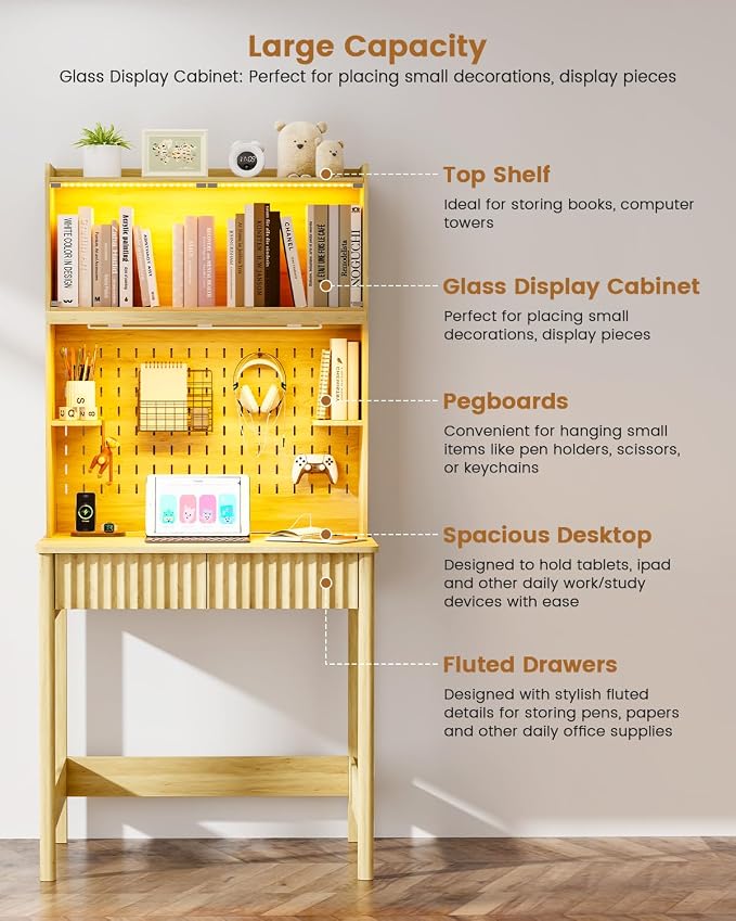 HNEBC Natural Computer Desk - with Power Outlets & Chariging Station,Small Writing Desk with Hutch and Drawers,66.3''H Office Desk with Pull-Out LED Lights,Pop-up Glass Door,Pegboards,Bedroom - Image 5