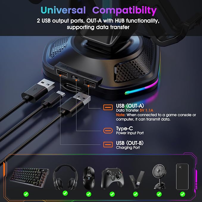 Luckit Gaming Headphones Stand, RGB Headset Stand with 12 Light Modes, Controller Holder with 2 USB Charging Ports - Supports Data Transfer, Earphone Hanger Accessories for Desktop Gamer - Image 4