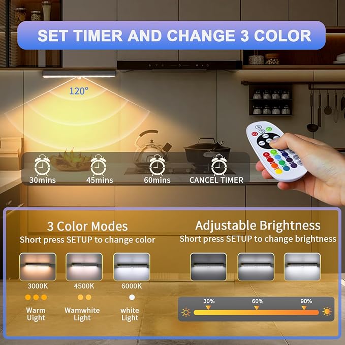 Under Cabinet Lights with Remote Control,15 Colors Under Cabinet Lighting Wireless,Rechargeable Battery LED RGB Night Light Bar withTimer,Dimmable Under Counter Lights for Indoor Kitchen,3Pack - Image 3