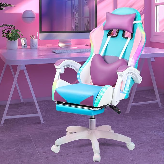 Gaming Chair with Lights, Ergonomic High-Back Office Chair with 360° Swivel & Adjustable Recline, Racing Style Faux Leather Computer Chair for Game Room, Home & Office - Image 6