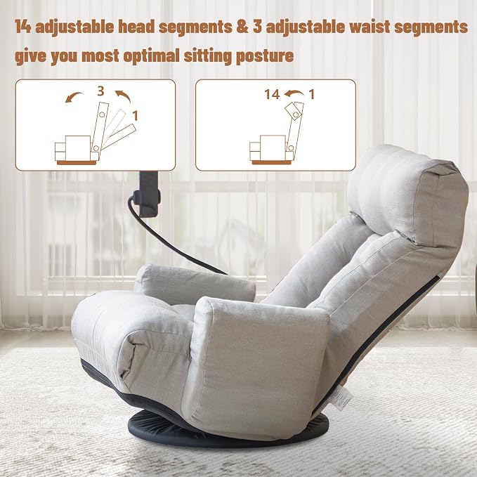 360° Swivel Floor Gaming Chair Linen Folding Lounge Sofa Chair with Adjustable Head and Waist, Armrests & Phone Holder, Padded Cushion Leisure Chairs for Living Room Bedroom (Grey) - Image 3