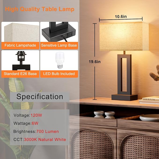 Nightstand Table Lamps for Bedrooms Set of 2 - Touch Bedside Lamp with USB C+A, 3 Way Dimmable Living Room Lamps for End Tables Set of 2, Modern Night Stand Lamps for Bed Side Guest Room(Cream) - Image 7