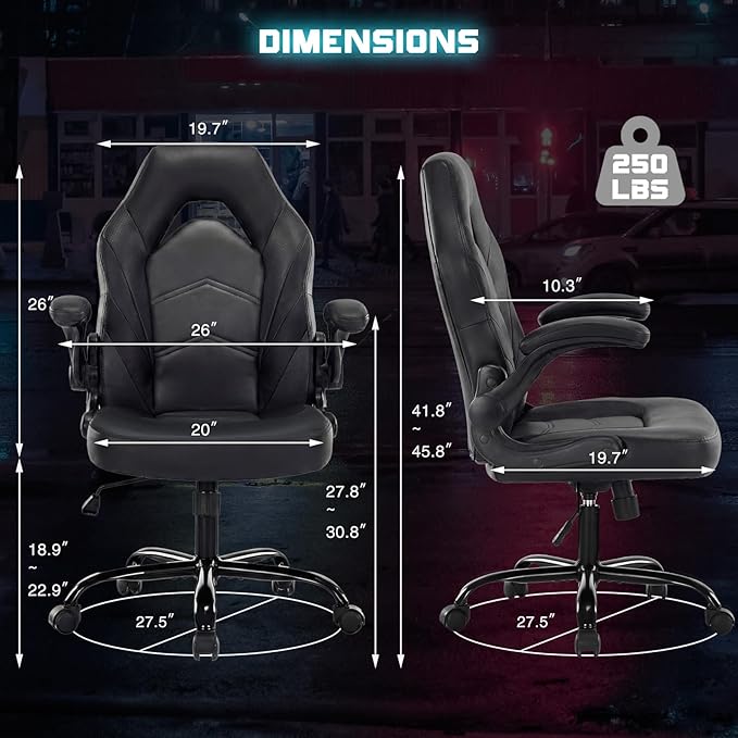 Sweetcrispy Computer Gaming Chair, Home Office Desk Chair, PU Leather | Big Tall Ergonomic, Flip-up Armrest, 360 Swivel Wheels, PU Leather Height Adjustable, Home Computer, Black - Image 3