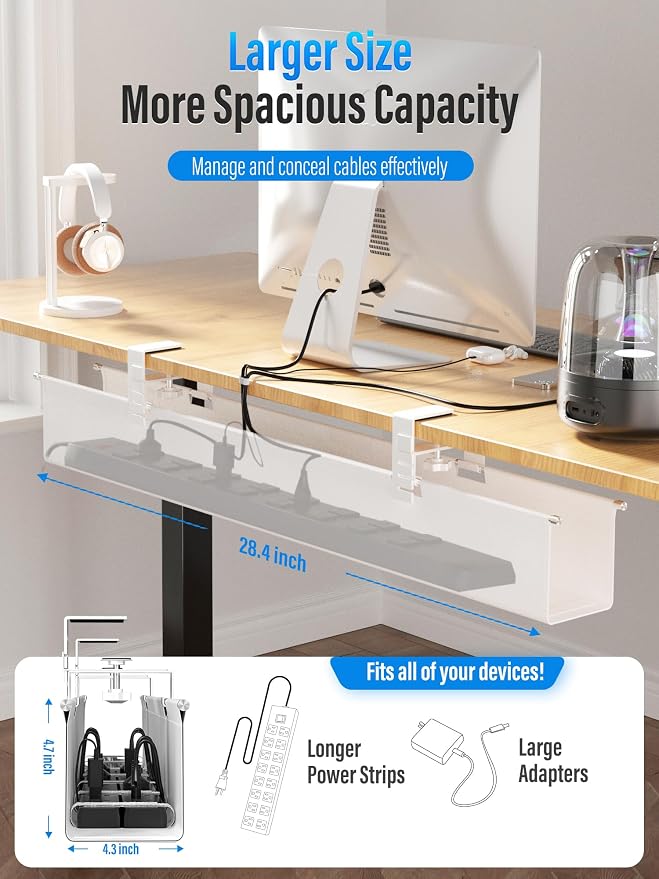 [Upgraded] Large Under Desk Cable Management Tray, Cinati Cable Management Under Desk No Drill, 28.4" Fabric Cord Hider for Wire Organizer, Cord Organizer for Office, Home - Supports Up to 30lbs White - Image 4
