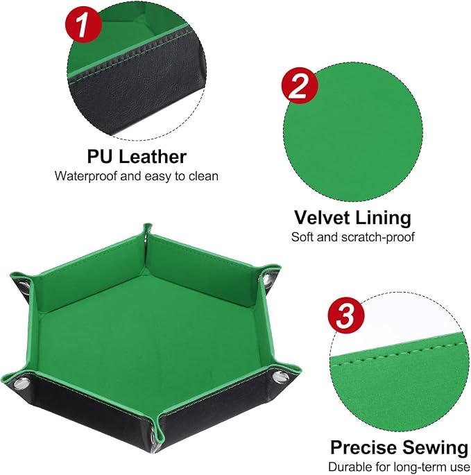 HARFINGTON PU Leather Dice Tray Unisex Valet Tray Folding Hexagon Tray Portable Entryway Table Nightstand Bedside Desk Holder for Key Wallet Watch Coin Jewelry, Green - Image 4