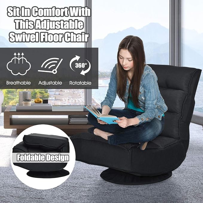 Giantex 360 Degree Swivel Floor Chair, Folding Floor Gaming Chair with 6 Positions Adjustable, Lazy Sofa Lounge Chair w/Tufted Back Support, Video Gaming Chair for Reading TV Watching (Black) - Image 6