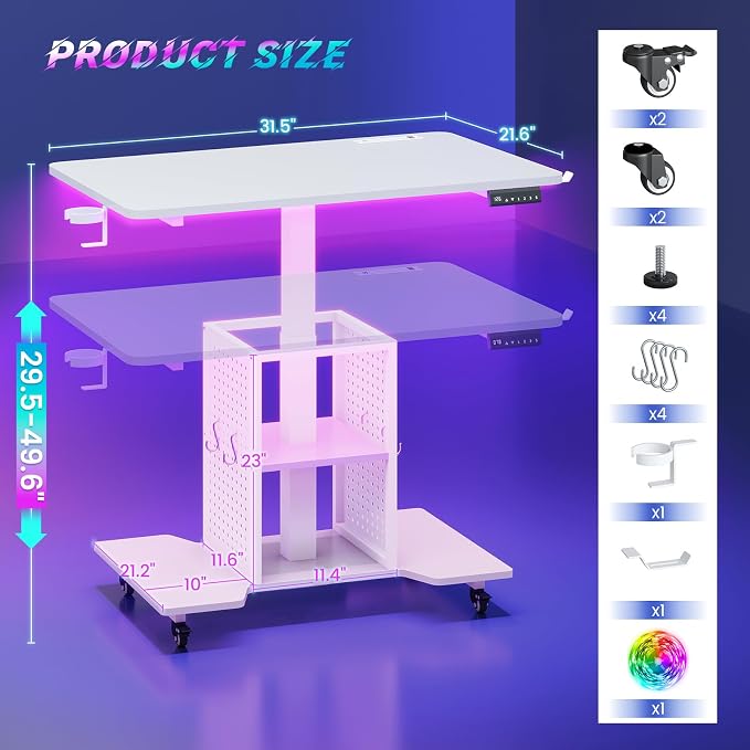 SEDETA Small Standing Gaming Desk, 31.5" Rolling Computer PC Desk Electric Height Adjustable with Power Outlet, Pegboard & Storage Shelves, RGB LED Light, for Small Spaces/Bedroom/Gaming, White - Image 2