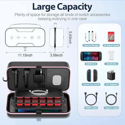 OIVO Carrying Case Compatible with 2025 Nintendo Switch, Portable Switch 2 Travel Carry Case Fit for Joy-Con 2 & Adapter, Hard Shell Protective Pouch Bag with 24 Game Slots, Pink - Image 4