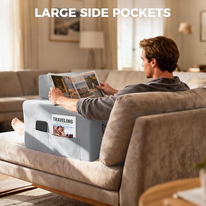Reading Pillow for Gaming Lap Desk Pillow for Laptop with Cup Holder Pocket Foldable Memory Foam Bed Desk for Reading Working Crocheting Gaming Arm Rest on Bed/Sofa/Floor/Couch/Car(grey foldable) - Image 3