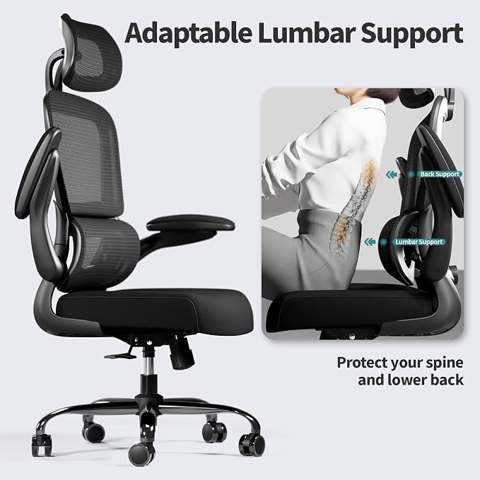 TRALT Office Chair Ergonomic Desk Chair - Gaming Chair with Lumbar Support | 330 LBS Home Office Desk Chairs with Headrest, Reading Chair with Flip-up Armrests, Comfortable Computer Chairs (5, Black) - Image 7