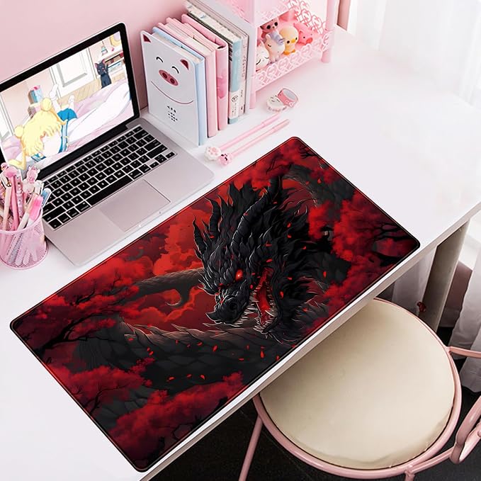 Huge Dragon Large Mouse Pad - Red and Black Mousepad, Big Full Keyboard and Mouse Pad with Stitched Edges, Anti-Slip, Funny Desk Pad, 31.5 X 15.8 in. - Image 5