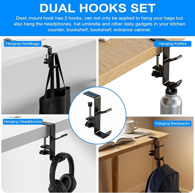 4 Pcs Under Headset Stand - Aluminum Alloy Headphone Holder for Desk | PC Gaming Headset Hanger Hook Suitable for Office,Computer, Class Desk, Handmade Creator Table, With 1 Cord Organizer, Black - Image 9