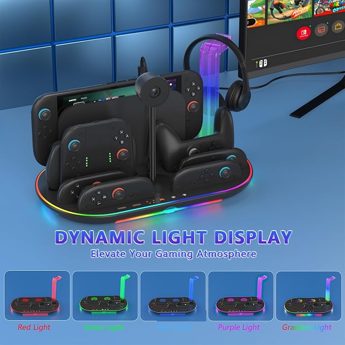Charging Station for Switch 2 with Cooling Fan DOBEWINGDELOU Controller Charger for JoyCons and Pro Dock Stand with RGB Light 2 USB Ports 7 Game Card Slots LED Indicators - Image 4