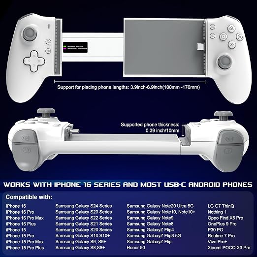 arVin USB C Mobile Gaming Controller for iPhone 17/16/15 Series & Android (USB-C) Plug & Play - Remote Play for PS5/PS4/Xbox/PC Consoles, Cloud Game, Emulator, with Hall Effect Joysticks/Turbo/Back keys - Image 3