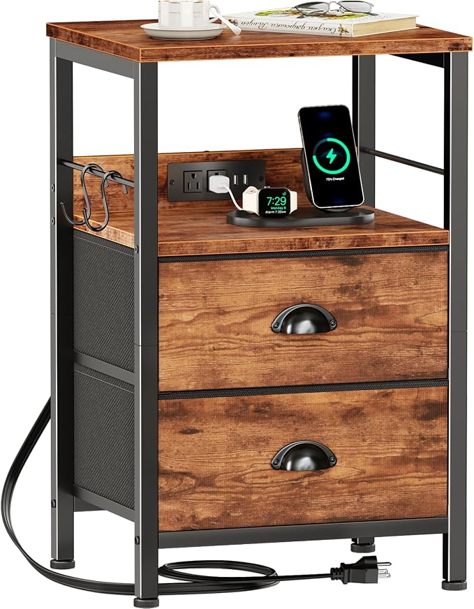 Nightstand with Charging Station for Dorm, 2 Fabric Drawers, Rustic Brown by Furologee