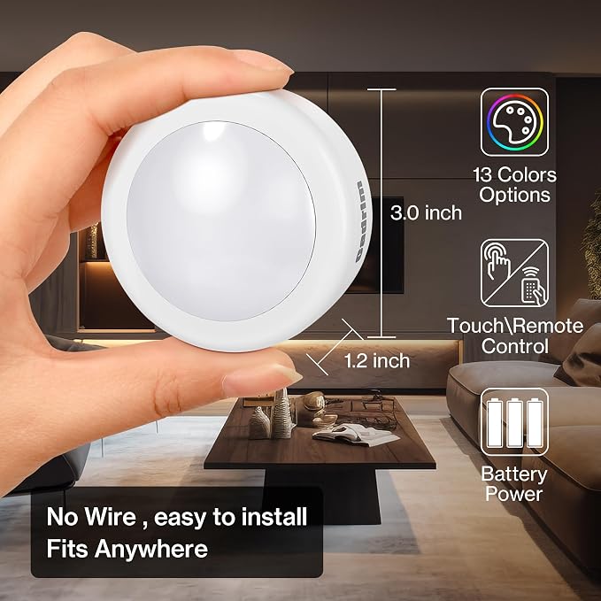 Cadrim Puck Lights, 13 Colors Changeable LED Puck Lightings, LED Lamp for Bedroom, Under Cabinet Lamps, Under Cabinet Lighting with 2 Wireless Remote Controls for Kitchen(6 Pack) - Image 2